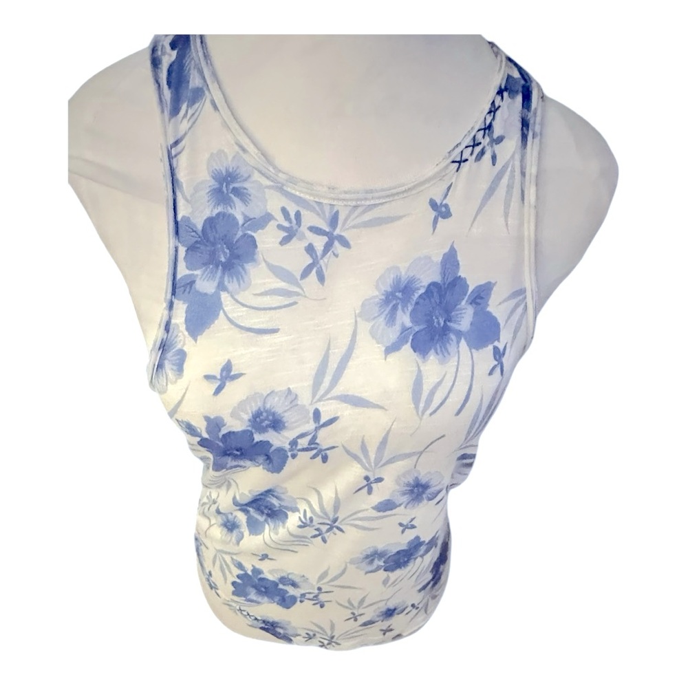 LoveShackFancy White Tank Top with Blue Floral Print
